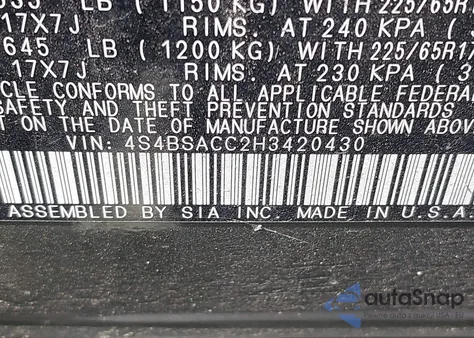 2017 Subaru Outback 2.5I Premium from USA, damaged, VIN 4S4BSACC2H3420430